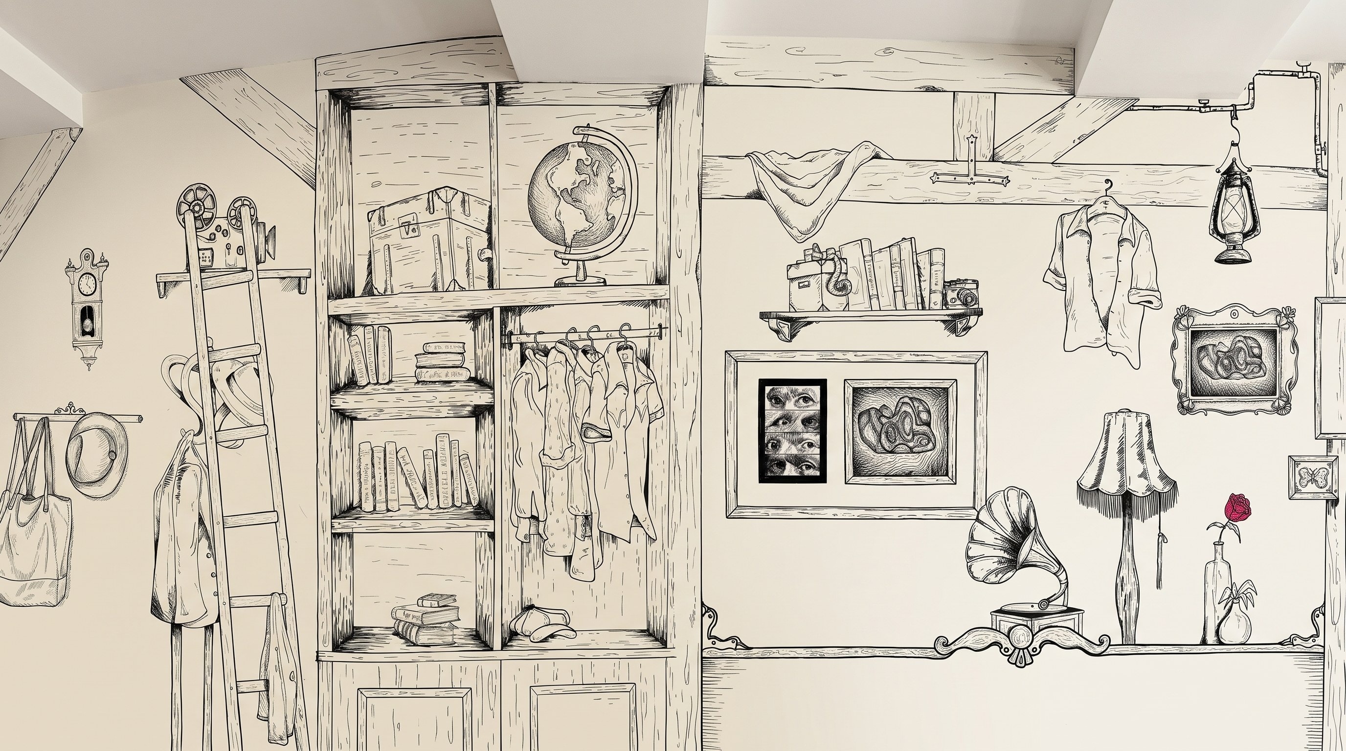 Mural desenhado à mão na parede da Casa Aberta: estante com livros, escada, globo, gramofone, abajur e quadros.